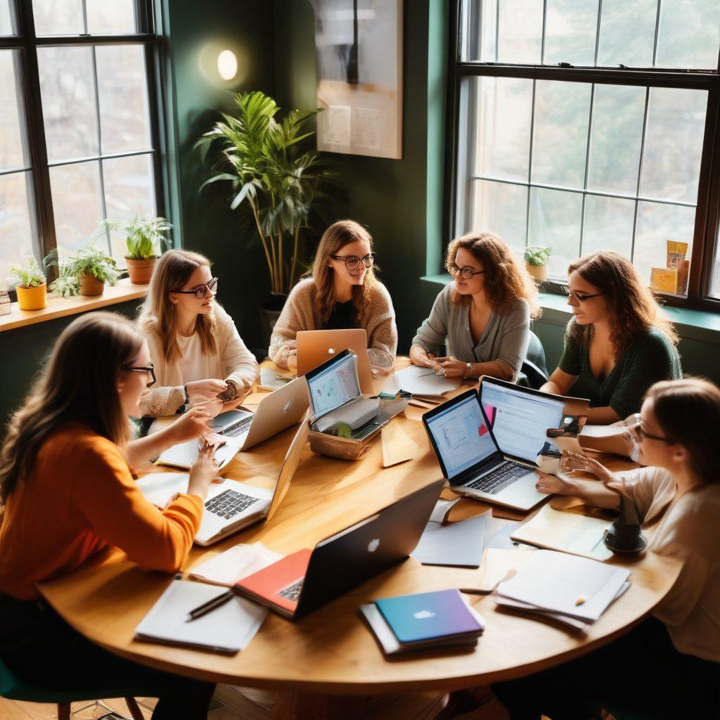 A vibrant scene depicting a diverse group of bloggers at a colorful roundtable, brainstorming ideas surrounded by laptops, notebooks, and coffee cups. Bright light streaming in, symbolizing inspiration and creativity. In the background, floating icons representing social media and engagement emphasize online presence. Engaging expressions of motivation and collaboration. super-realistic. vibrant colors.