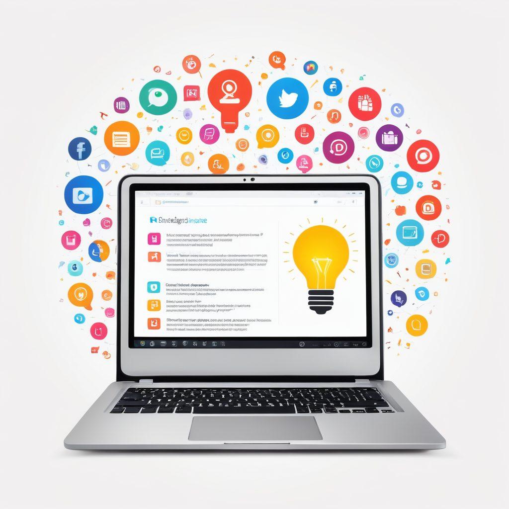 A dynamic illustration showcasing a laptop open with a vibrant blog page, surrounded by elements like social media icons, a light bulb for ideas, and a checklist of blogging tips. The background features abstract digital elements symbolizing online presence, with a bright, uplifting color palette conveying positivity and success. super-realistic. vibrant colors. white background.