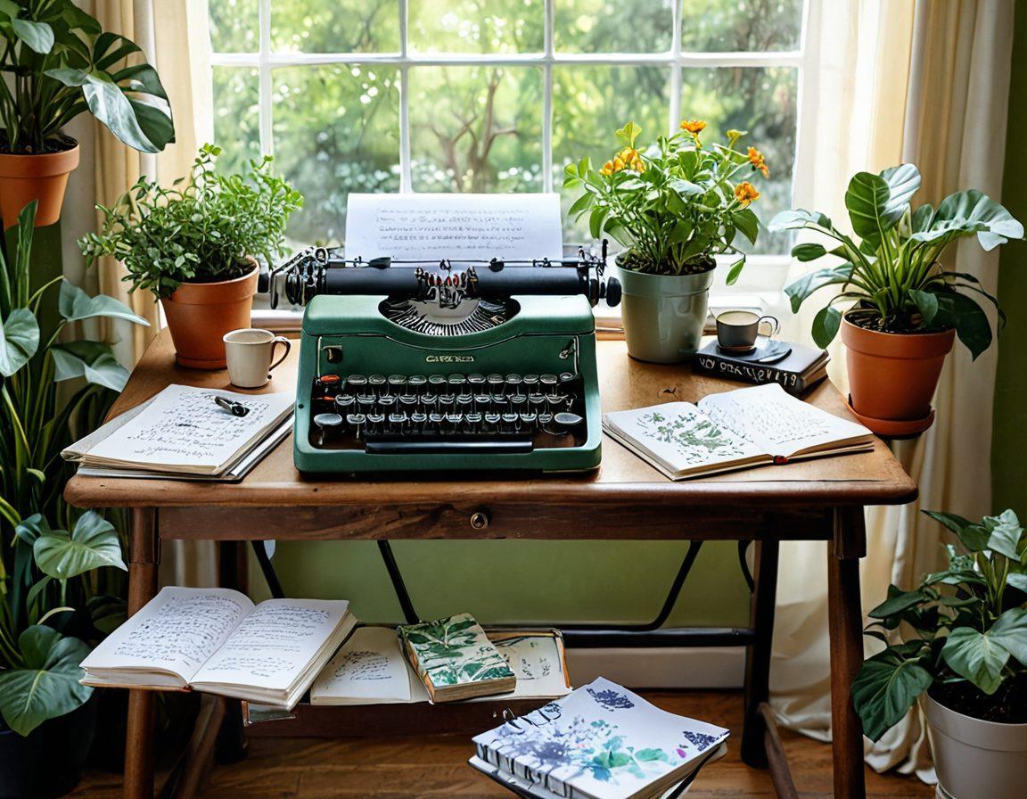 A beautifully arranged writer's desk with an open notebook filled with colorful sketches and notes, a steaming cup of coffee, and a vintage typewriter. Surround the scene with lush potted plants and a window showcasing a sunny garden view, symbolizing creativity and inspiration. Add whimsical elements like floating letters and ink splashes to emphasize imaginative writing. watercolor painting. vibrant colors. soft focus.